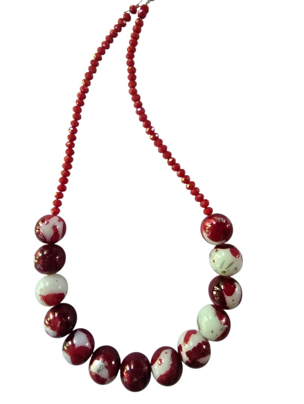 DESIGNER MARBLEIZED CRIMSON RED, CRISP WHITE METALLIC  12MM BEAD NECKLACE